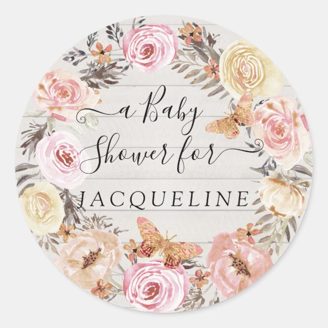 Boho Butterfly Pink White Wood Floral Wreath Baby Runder Aufkleber (Vorderseite)