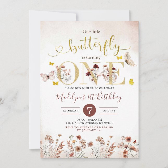 Boho Butterfly Wildblume Erster Geburtstag Einladu Einladung (Vorderseite)