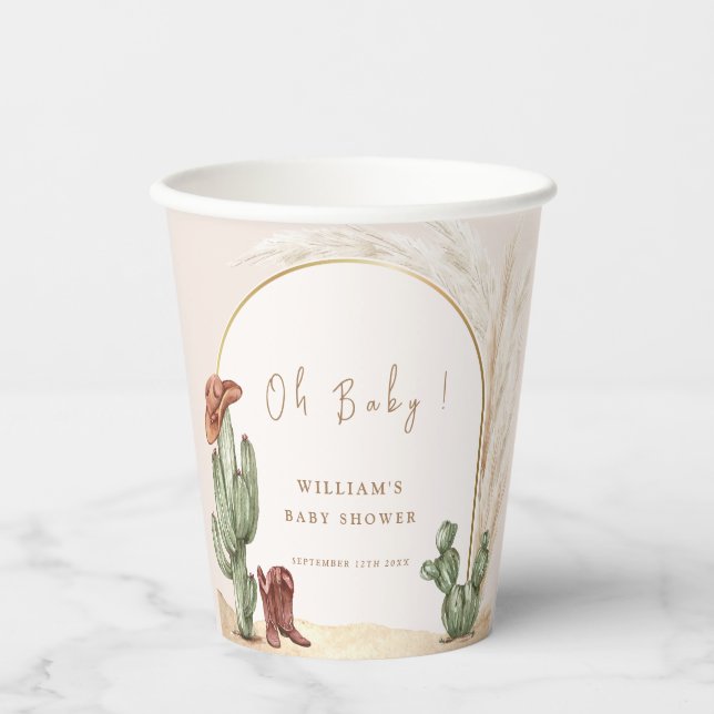 Boho Cactus Arch Desert Cowboy Baby Shower Pappbecher (Vorderseite)