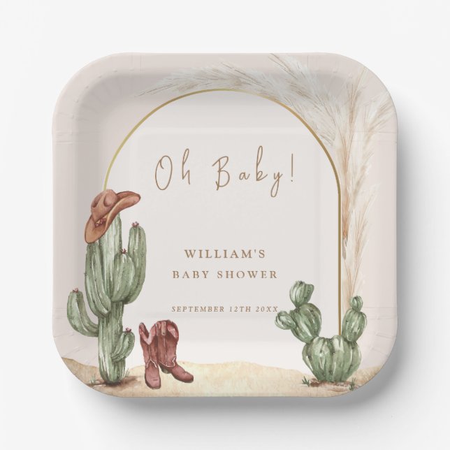 Boho Cactus Arch Desert Cowboy Baby Shower Pappteller (Vorderseite)