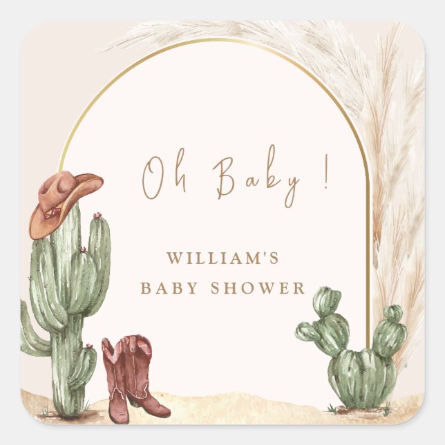 Boho Cactus Arch Desert Cowboy Baby Shower Quadratischer Aufkleber (Vorderseite)