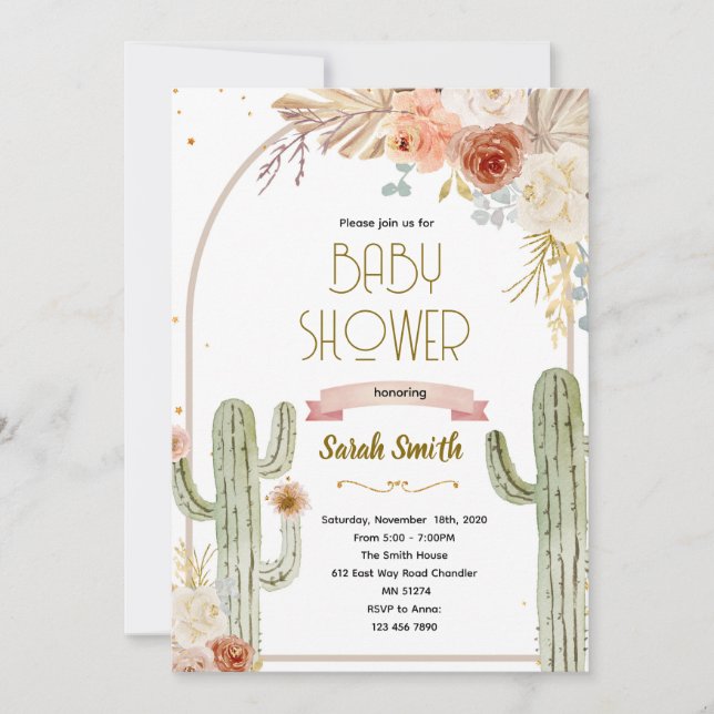 Boho cactus baby shower Invitation (Devant)