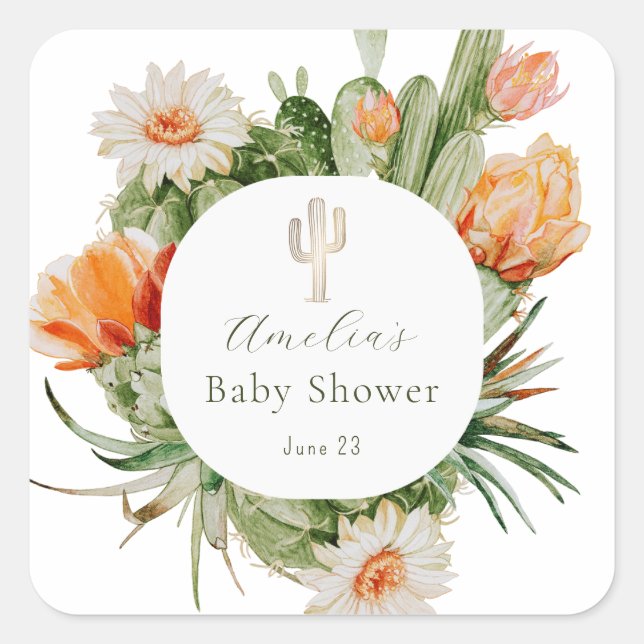 Boho Cactus Baby Shower Quadratischer Aufkleber (Vorderseite)