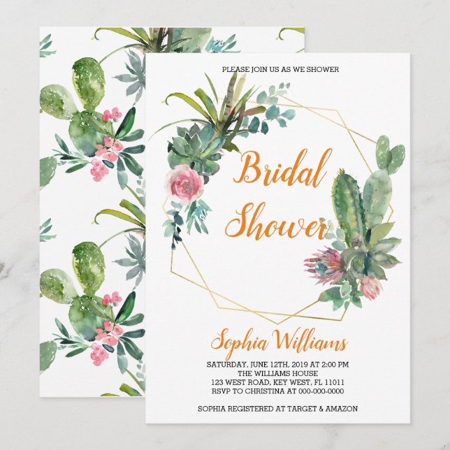 Boho Cactus Bridal Shower Einladung (Vorne/Hinten)