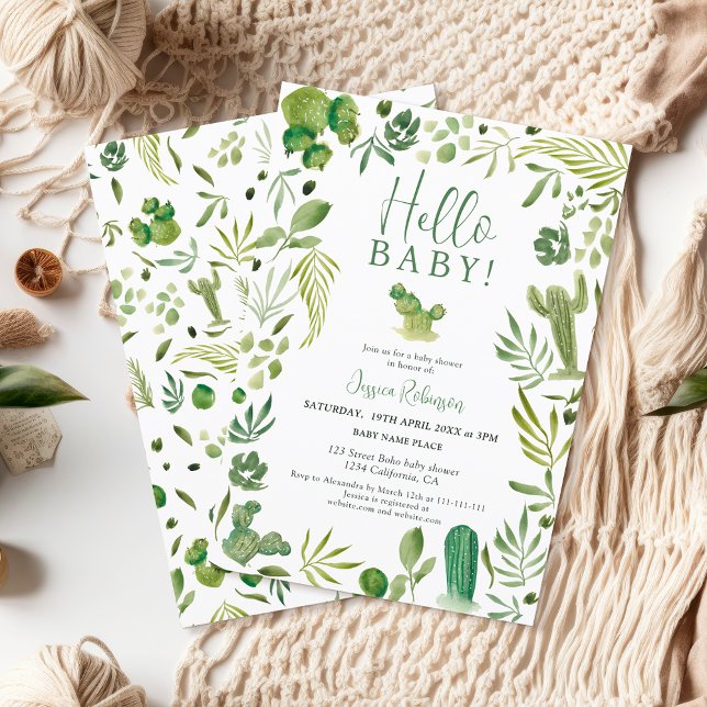 Boho cactus green gender neutral hello baby shower einladung (Boho cactus green gender neutral hello baby shower invitation)