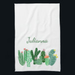 Boho Cactus Painting in grünem Personalisierten Na Geschirrtuch<br><div class="desc">Dieses stilvolle Küchentuch zeichnet sich durch ein einfaches,  modernes und niedliches Gemälde einer Reihe von Kakteen aus der Wüste in Grün aus,  die in einem boho-skurrilen Stil mit hübsch rosa Blume aufblühen. Personalisieren Sie es mit Ihrem Namen. Tolle Geschenkidee!</div>