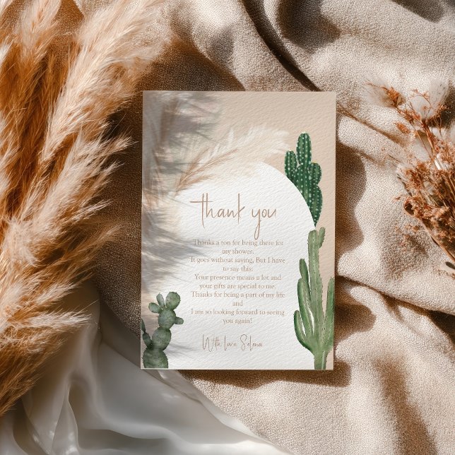 Boho cactus pampas arch desert Brautparty Dankeskarte (Boho cactus pampas arch desert bridal shower thank you card)