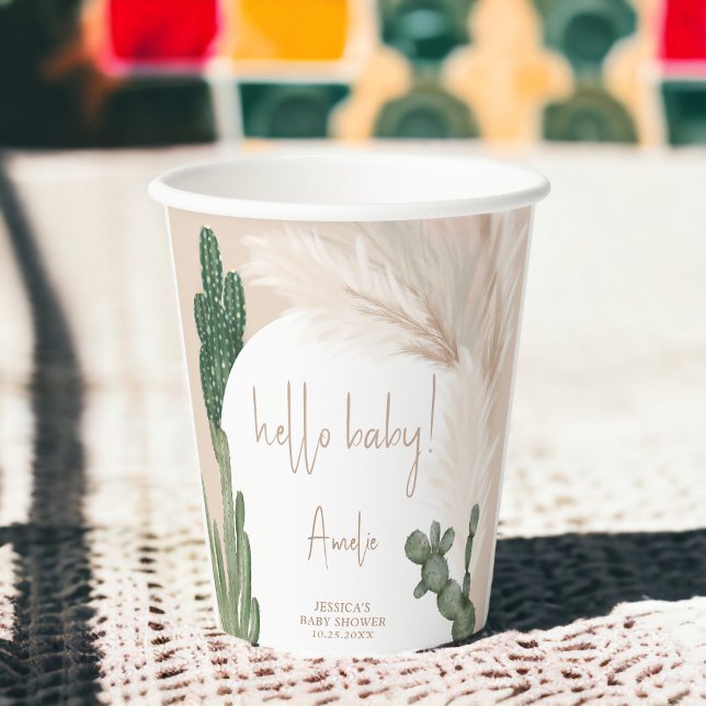 Boho cactus pampas arch hello baby dusche pappbecher (Boho cactus pampas arch hello baby shower paper cups)