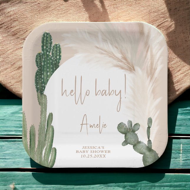Boho cactus pampas arch hello baby dusche pappteller (Boho cactus pampas arch hello baby shower paper plates)