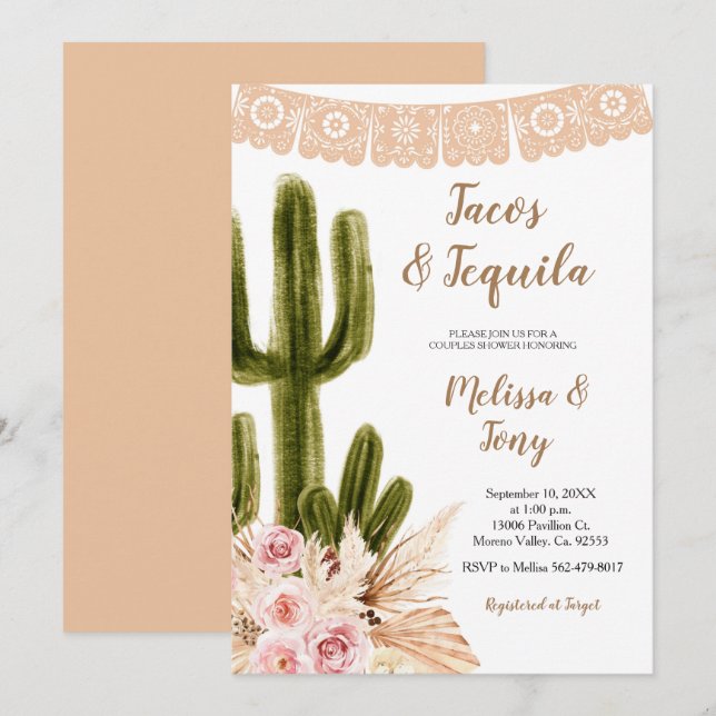 Boho Cactus Pampas Grass Couples Dusche Einladung (Vorne/Hinten)