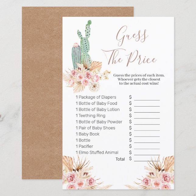 Boho Cactus Pink Floral Guess the price Game (Vorne/Hinten)