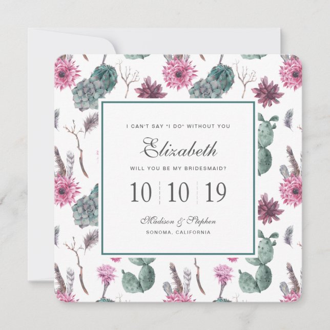 Boho Cactus, Succulent & Floral - Bridesmaid Einladung (Vorderseite)