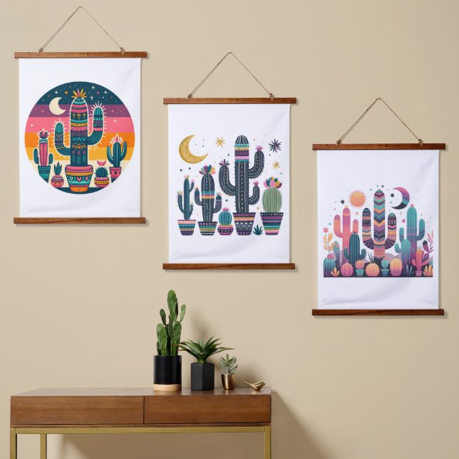 Boho Cactus Wandteppich Mit Holzrahmen (Asymmetrisch)