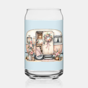 Boho Camper mit Blumenreath und Pastellen Pink Dosenglas