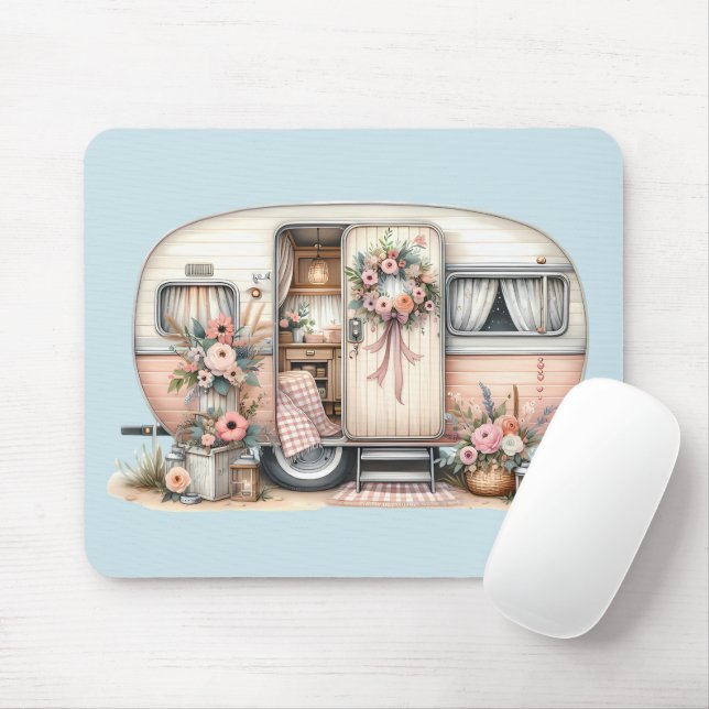 Boho Camper mit Blumenreath und Pastellen Pink Mousepad (Mit Mouse)