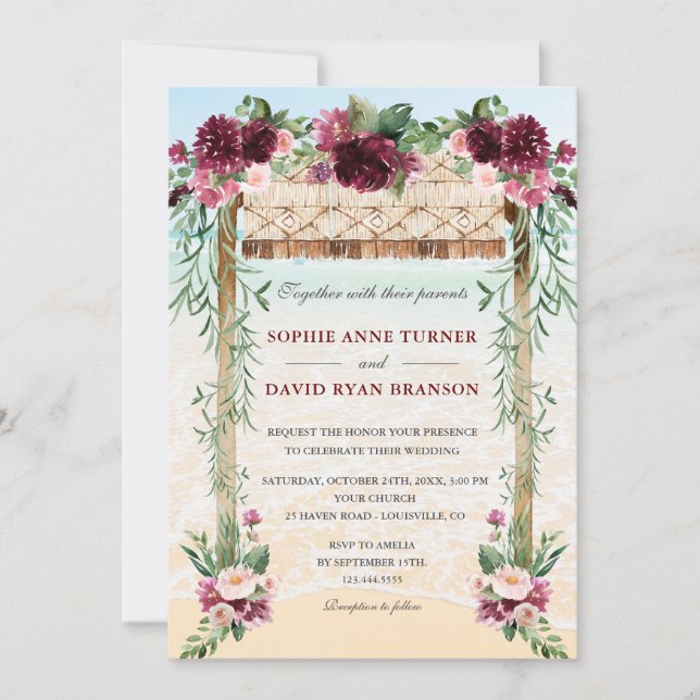 Boho Canopy Burgundy Floral Beach Maui Wedding Einladung (Vorderseite)