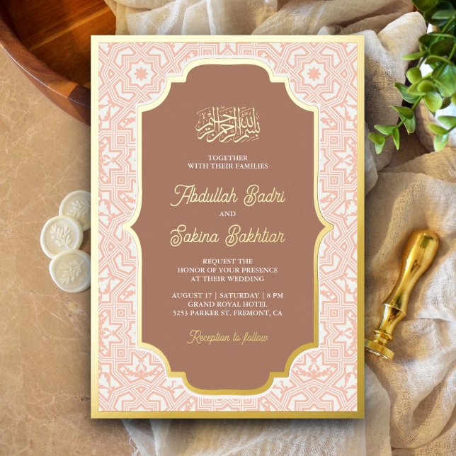 Boho Caramel Arabesque Muster muslimische Hochzeit Folieneinladung (Von Creator hochgeladen)
