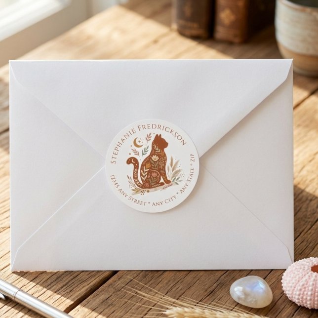 Boho Cat Address Labels – Cat Mom Gift Runder Aufkleber (Boho cat lover return address label)