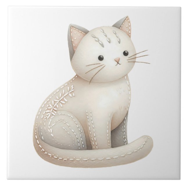 Boho Cat Keramik Tile bestickt Beige Kitty Fliese (Vorderseite)