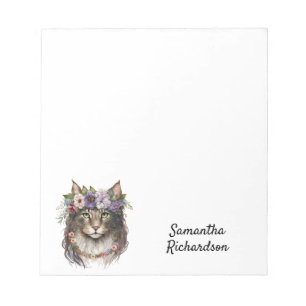 Boho Cat Personalized Watercolor Floral Notizblock