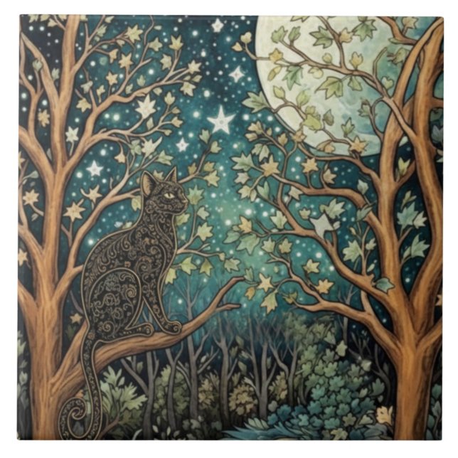 Boho cat starry night sky woodland forest fliese (Vorderseite)