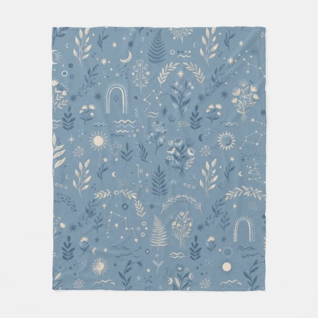 Boho Celestial Botanical Dusty Blue Kuscheldecke Fleecedecke (Vorderseite)