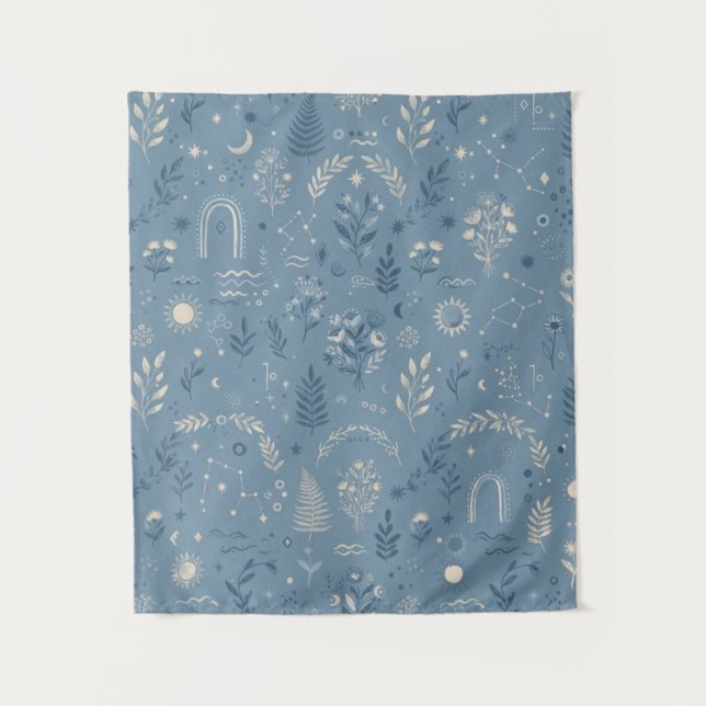 Boho Celestial Botanischer Staubblauer Wandbehang Wandteppich (Vorderseite)