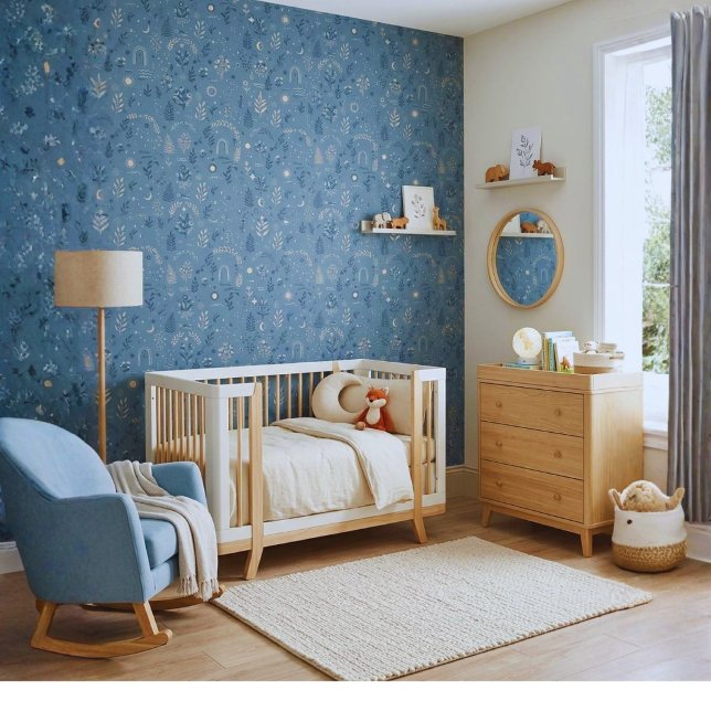 Boho Celestial Botanisches Staubblau-Muster Tapete (Trendy whimsical dusty blue wallpaper. Magical celestial night & rainbow peel & stick wall decor!)