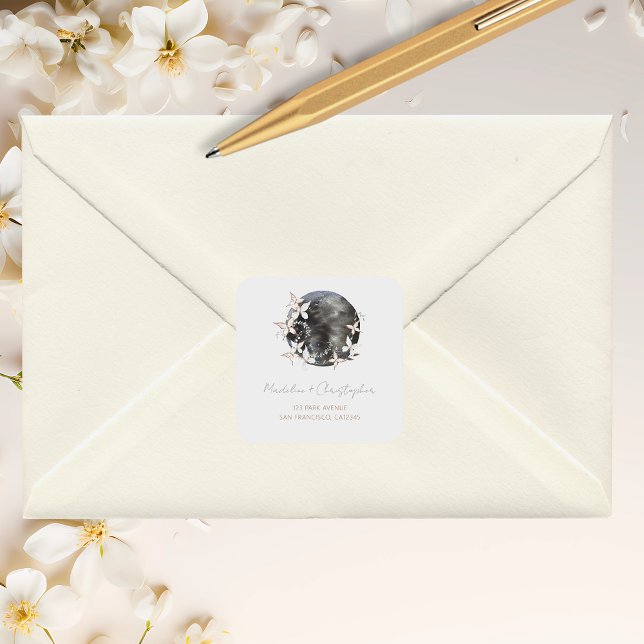 Boho Celestial Moon Floral Wedding Address Quadratischer Aufkleber (Von Creator hochgeladen)