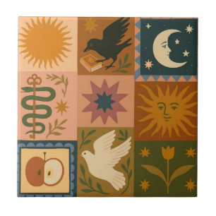 Boho Celestial Retro Sonne & Mond Fliese