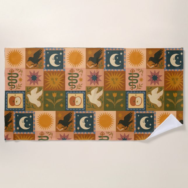 Boho Celestial | Retro Sonne & Mond Strandtuch (Vorderseite)