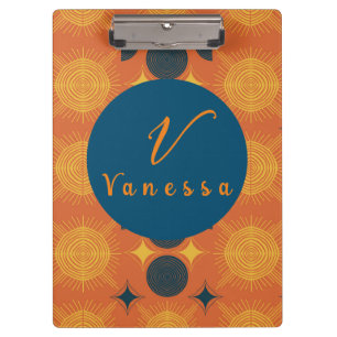 Boho Celestial Sun Moon Orange Monogram Script Klemmbrett