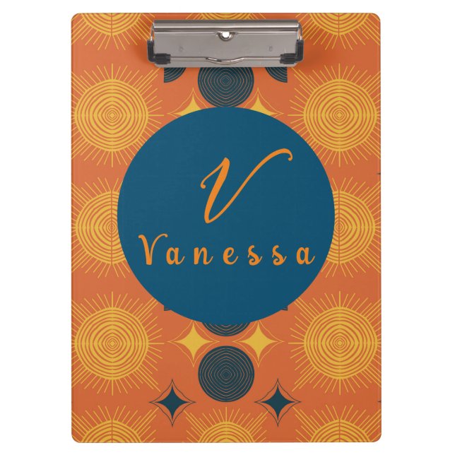 Boho Celestial Sun Moon Orange Monogram Script Klemmbrett (Vorderseite)