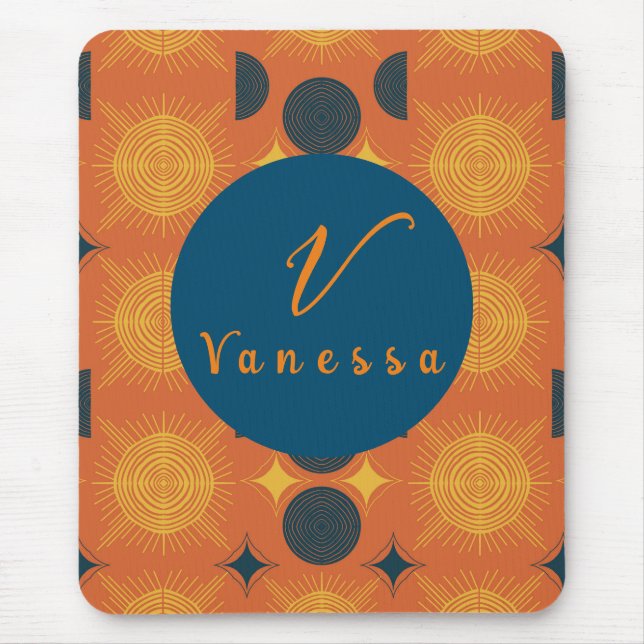 Boho Celestial Sun Moon Orange Monogram Script Mousepad (Vorne)