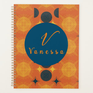 Boho Celestial Sun Moon Orange Monogram Script Planer
