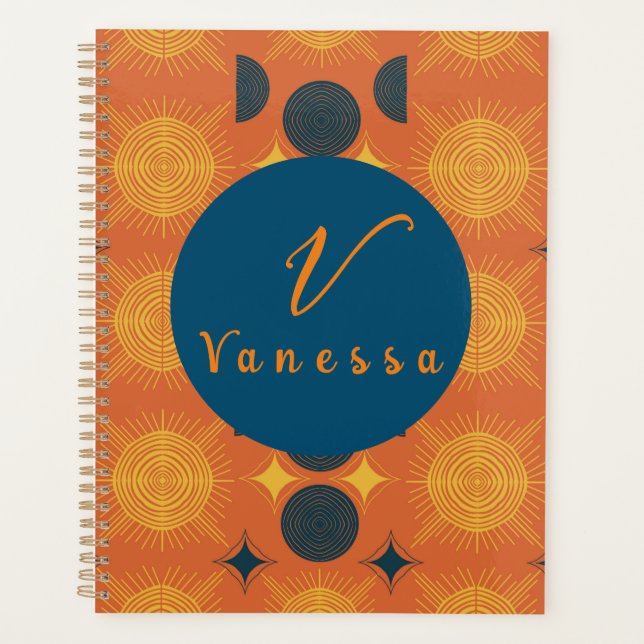 Boho Celestial Sun Moon Orange Monogram Script Planer (Vorderseite)