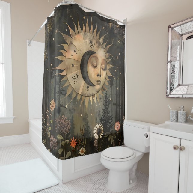 Boho Celestial Sun Moon Wildflower Garden Duschvorhang (Beispiel)