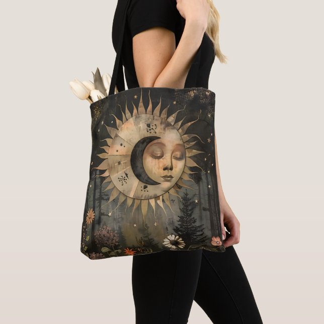 Boho Celestial Sun Moon Wildflower Garden Tasche (Von Nahem)