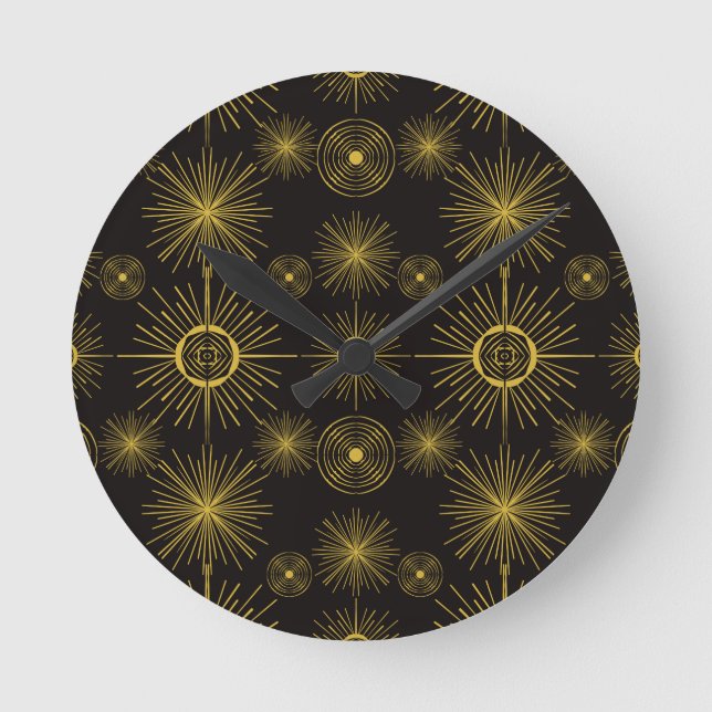 Boho Celestial Sun Stars Black Pattern  Runde Wanduhr (Vorderseite)