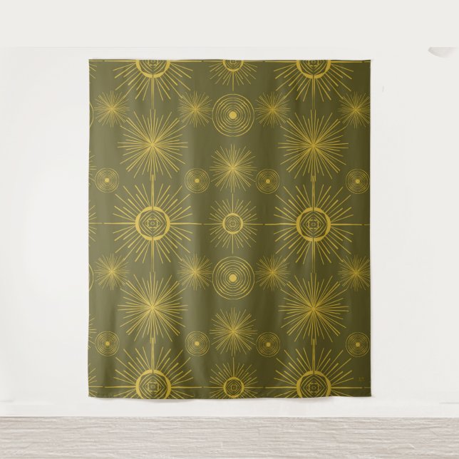 Boho Celestial Sun Stars Green Pattern Wandteppich (Vorderseite)