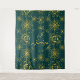 Boho Celestial Sun Stars Personalisiert Aquamarin Wandteppich
