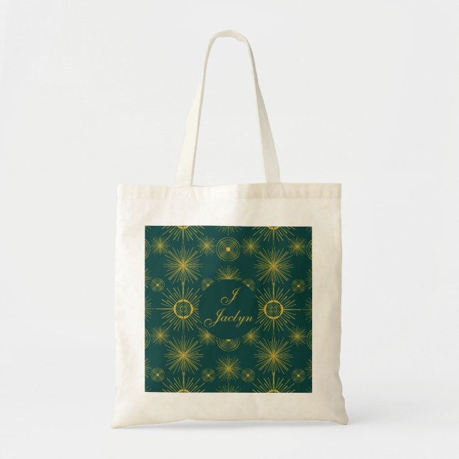 Boho Celestial Sun Stars Personalized Teal  Tragetasche (Vorne)