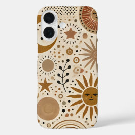 Boho Celestial Sun und Moon Pattern iPhone 16 Hülle