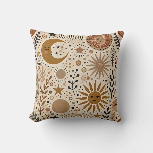 Boho Celestial Sun und Moon Pattern Kissen (Vorderseite)