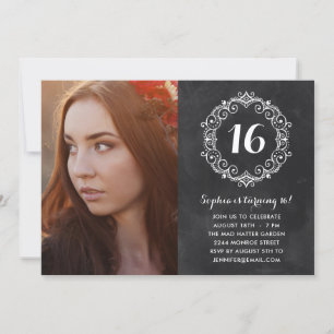 Boho Chalkboard Photo Sweet Sixteen Birthday Einladung