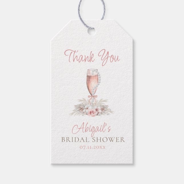 Boho Champagne Glass Pearls & Prosecco Brautparty Geschenkanhänger (Vorderseite)
