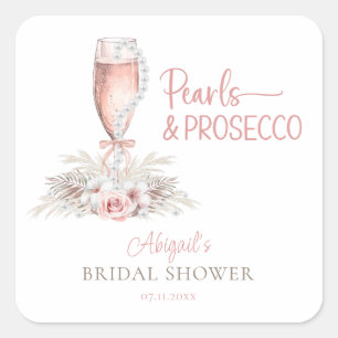 Boho Champagne Glass Pearls & Prosecco Brautparty Quadratischer Aufkleber
