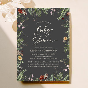Boho Charcoal Gray Wildblumen Babydusche Einladung