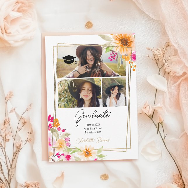 Boho Chic 3 Foto Aquarell Abschluss Ankündigung (Boho Chic 3 Photo Watercolor Floral Graduation Announcement)
