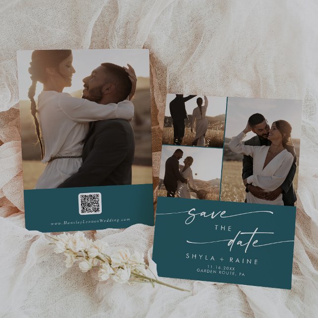 Boho Chic Aquamarin Blue Multi Foto QR Code Save The Date (Von Creator hochgeladen)